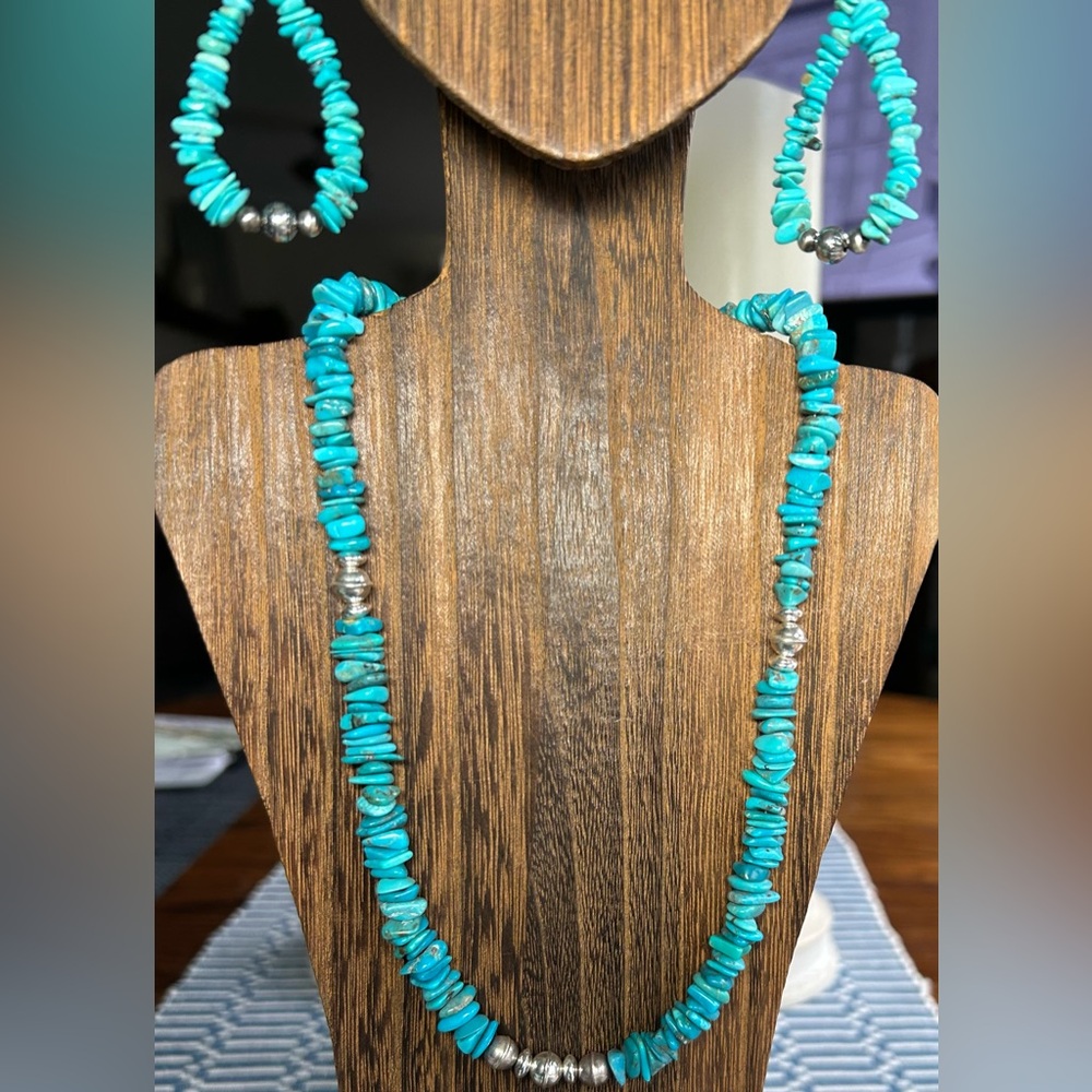 Native American Turquoise & Sterling Silver SET 18-21” Necklace with 2” Earrings